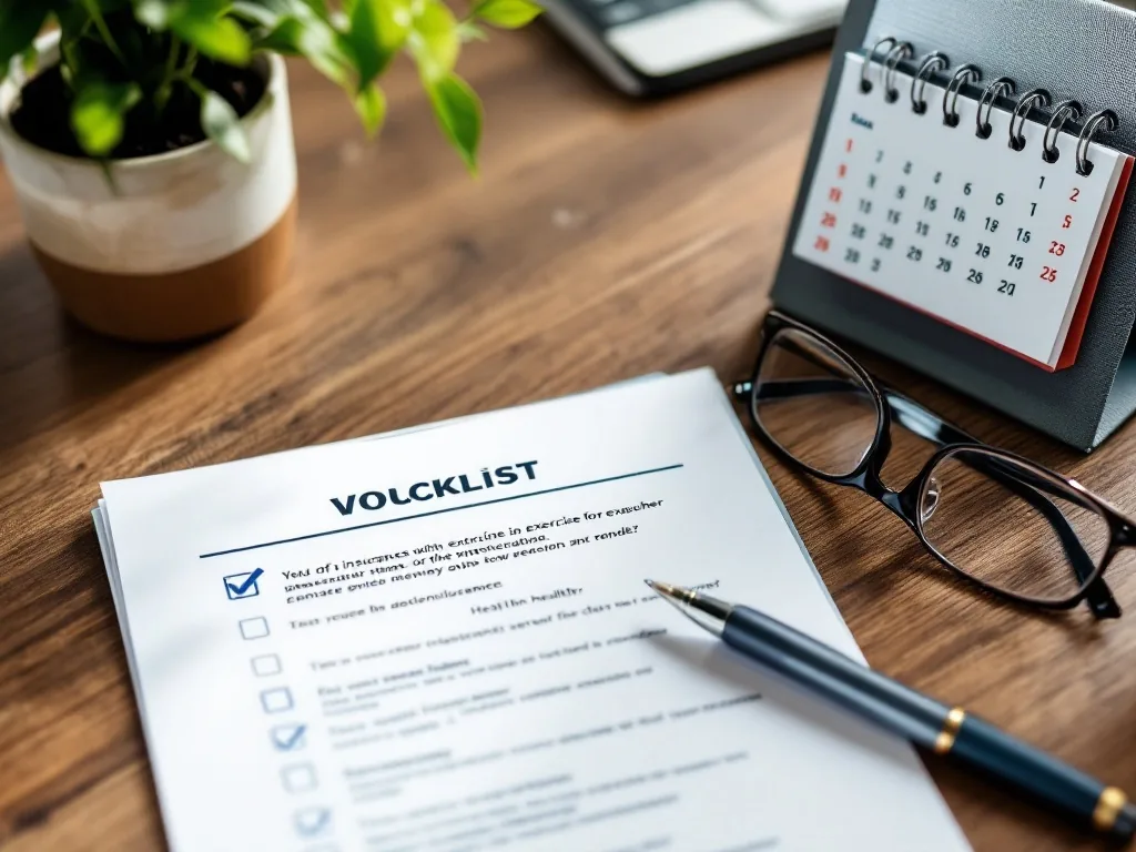 checklist for senior exercise voucher application with calendar, glasses, health insurance notice and pen on wooden table, realistic photo