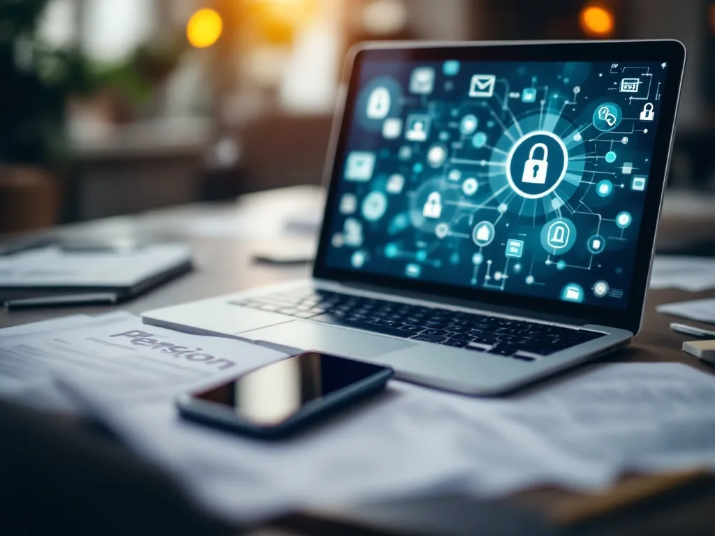 close up of a laptop screen with abstract authentication icons, pension papers and a mobile phone on desk, no real logos