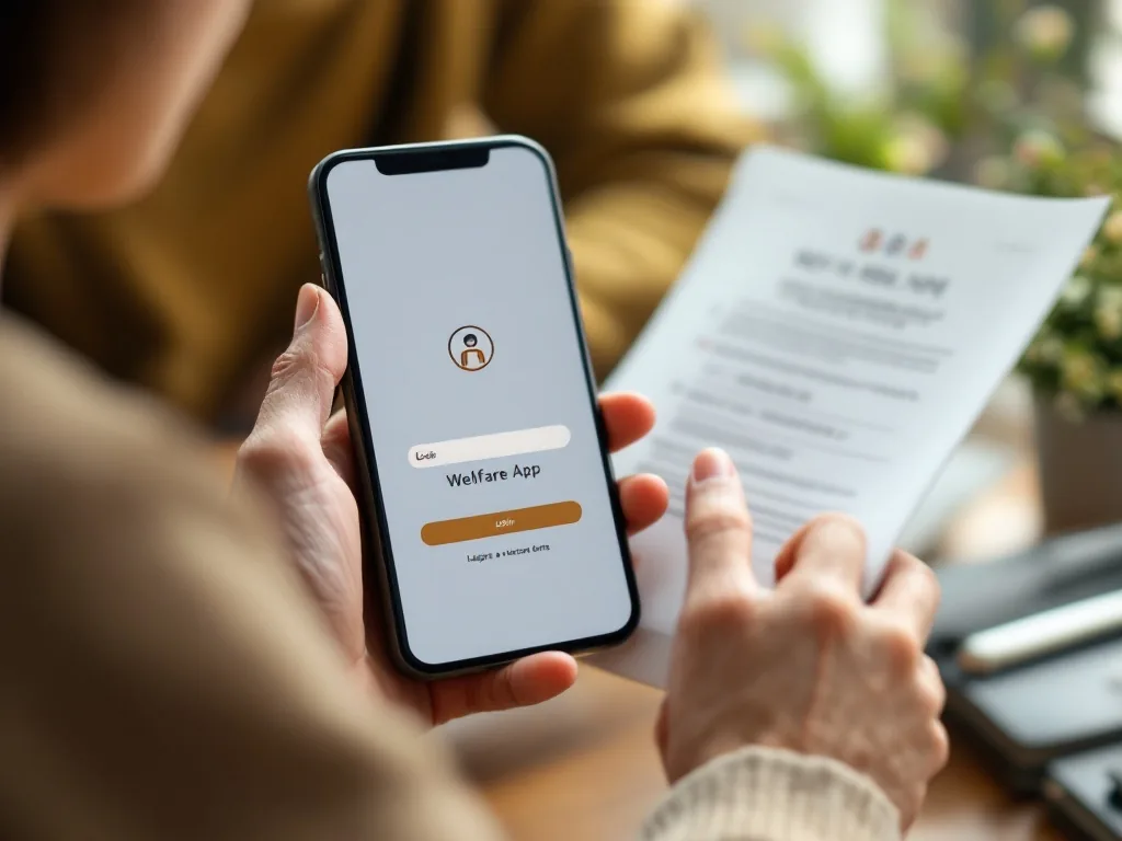 close up of a smartphone welfare app login screen concept, simple Korean documents, senior hands, no readable private data, warm light