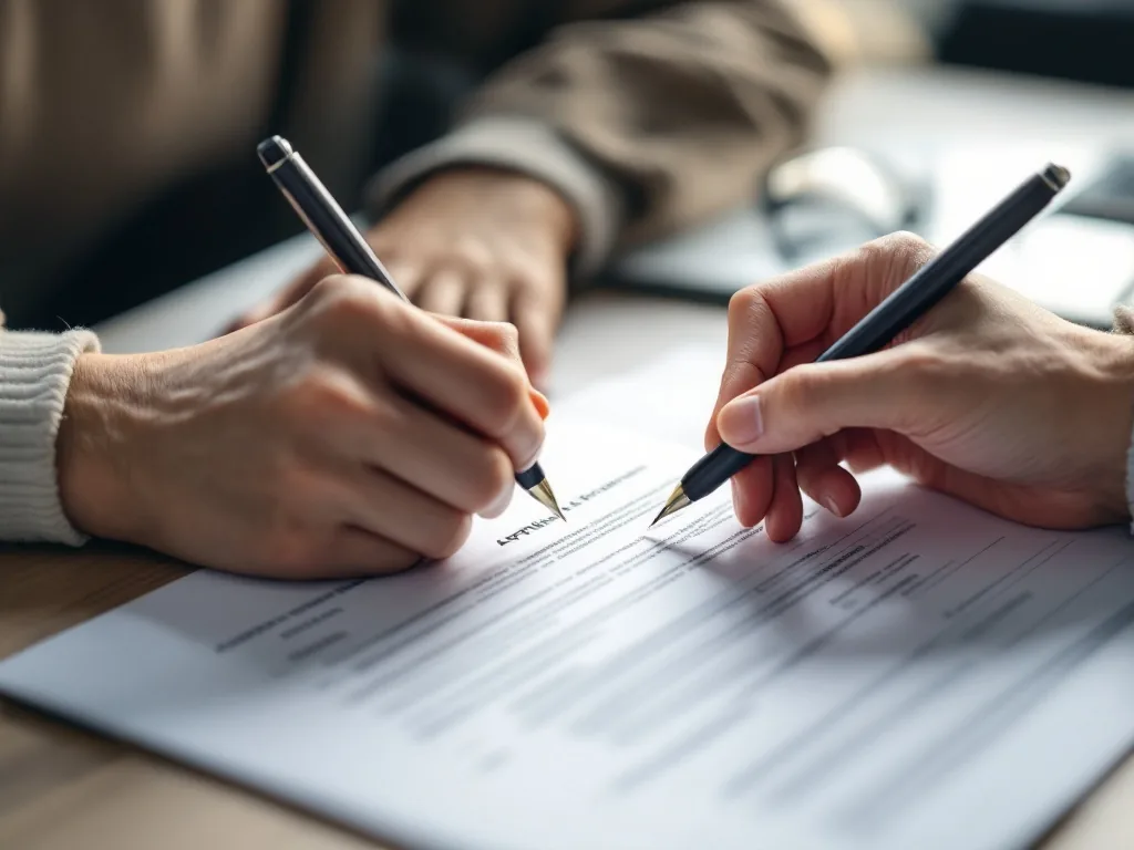 close-up of hands filling out a korean government care application form on a wooden desk with a pen and reading glasses, soft daylight, documentary style, no text visible
