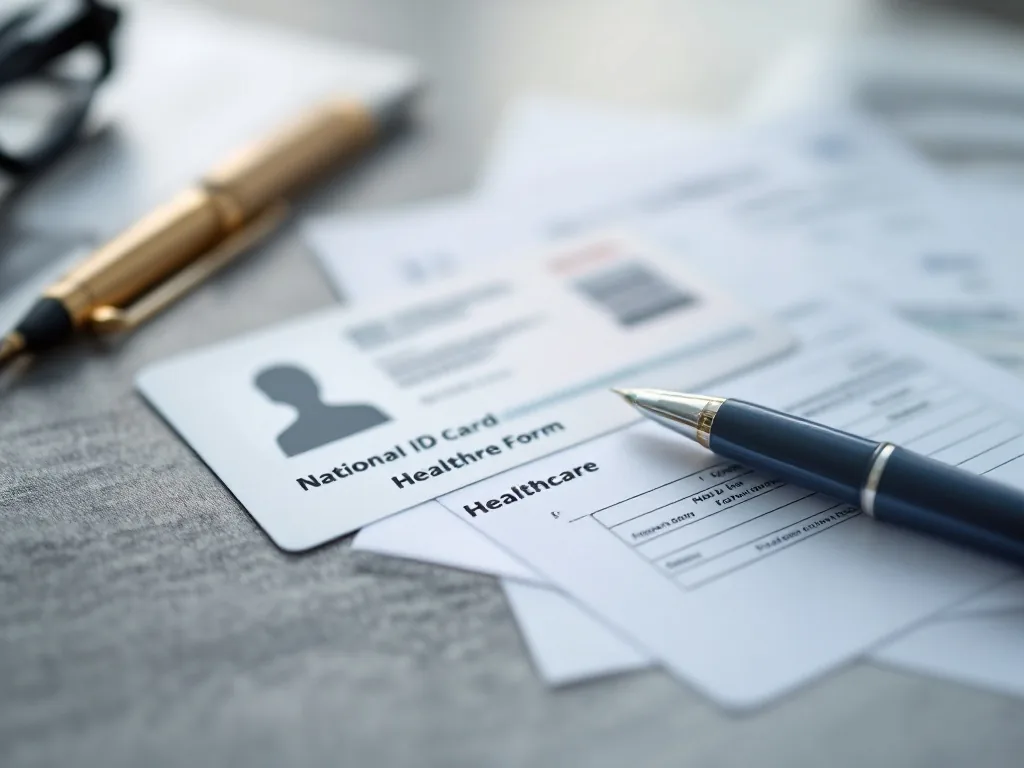 close up of national ID card placeholder, pen and healthcare form on neutral desk, no personal data, no faces