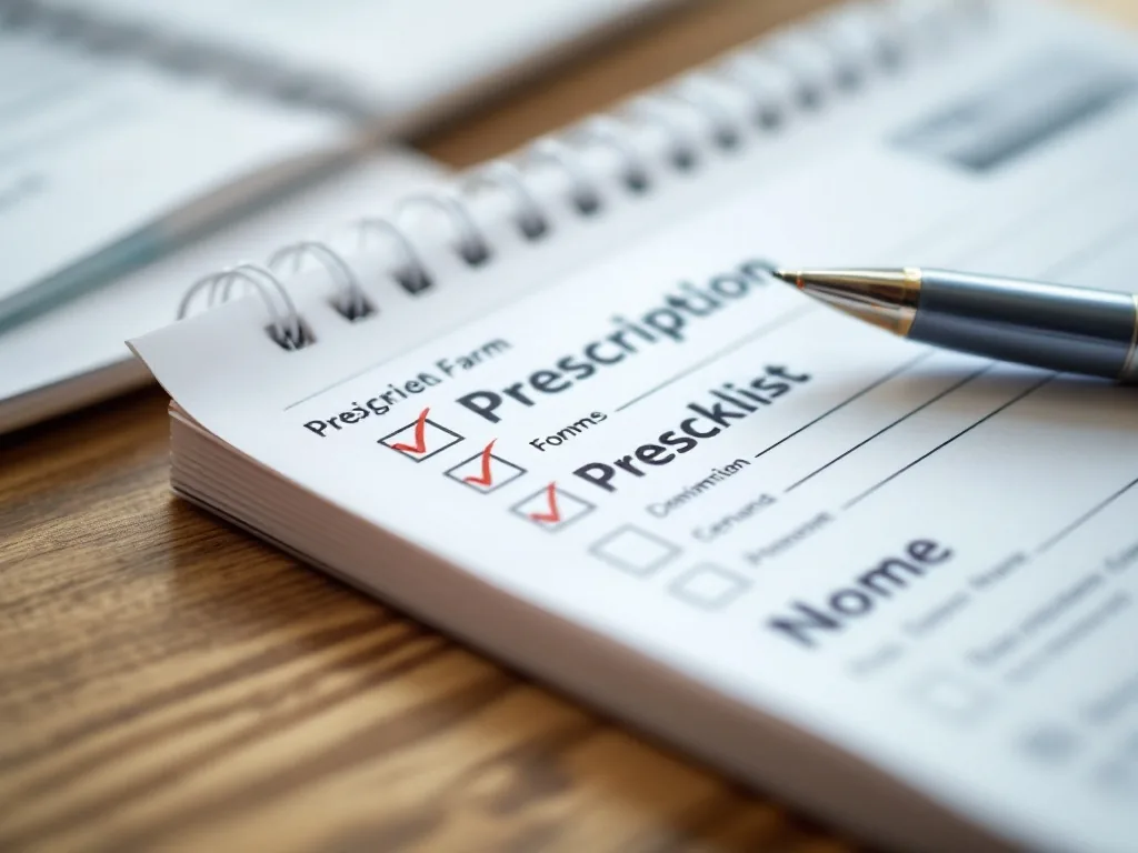 close-up of prescription form checklist, senior care notebook, pen, and phone call memo for dementia center, realistic documentary photo