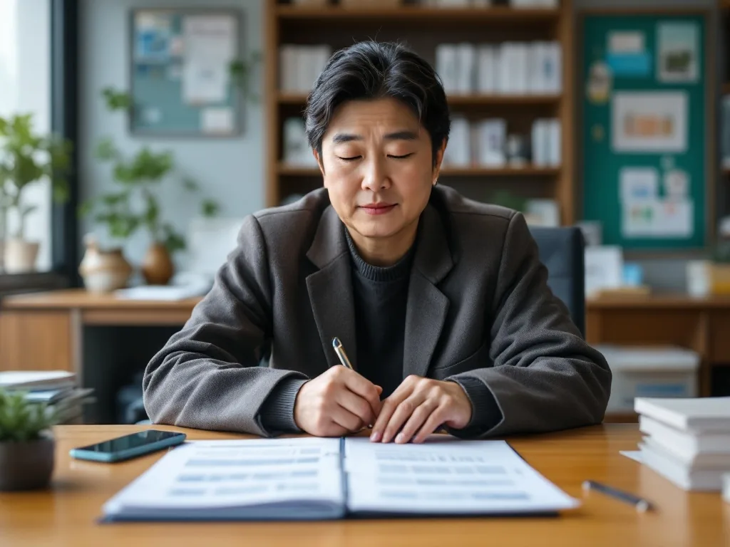 community service center welfare consultation desk with disability pension application papers and calendar, respectful Korean public office mood, realistic photo