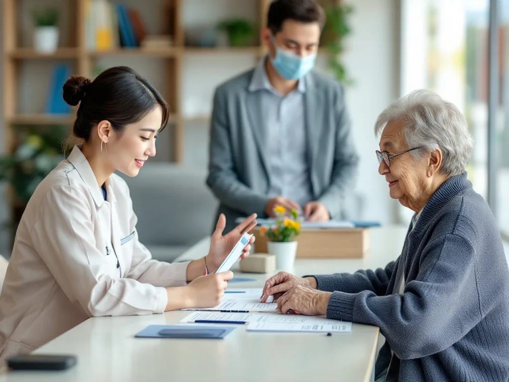 dementia care center consultation desk with caregiver, elderly parent, application form and identification cards, realistic Korean public service photo | 치매안심센터에서 인식표와 실종예방 신청을 상담하는 장면