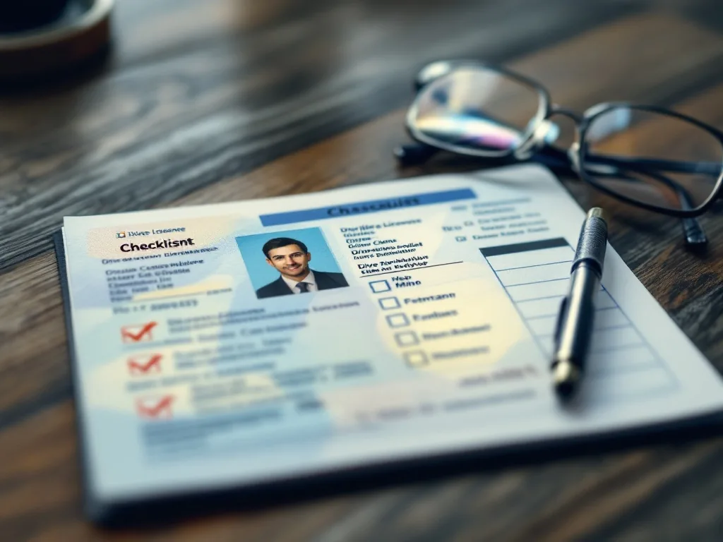 driver license, passport photo, pen and checklist on a wooden desk with senior reading glasses, realistic editorial still life