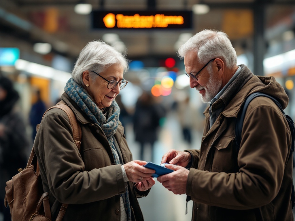 elderly couple checking transport card balance at station