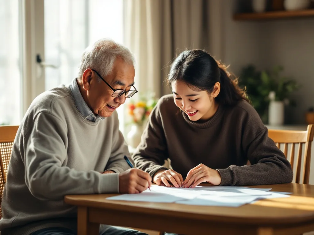elderly Korean parent and adult child reviewing pension documents at a bright kitchen table, warm documentary photography