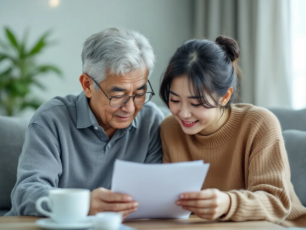 elderly Korean parent reading eye clinic prescription with adult child