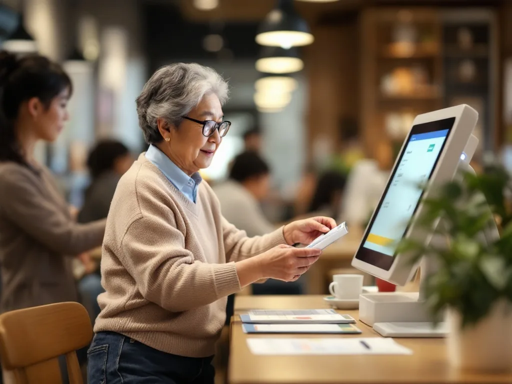 elderly Korean woman practicing kiosk ordering in a community training room with instructor guidance, realistic photo, no brand logos