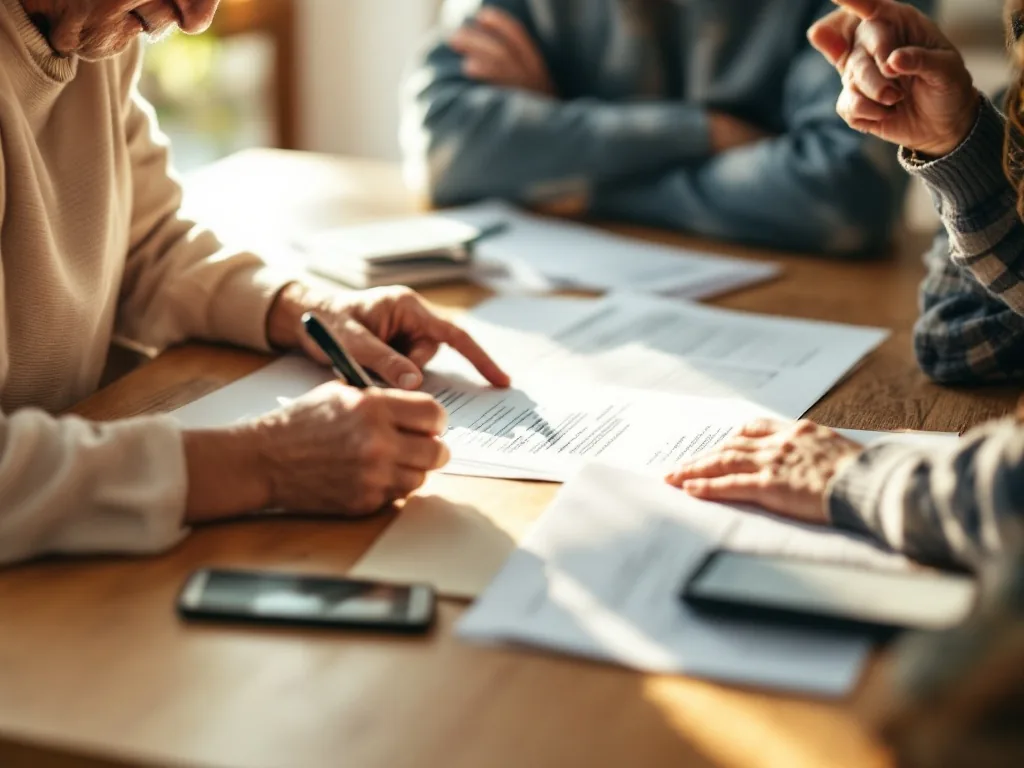 elderly parent and adult child reviewing welfare documents on a kitchen table, smartphone beside papers, warm morning light, no faces