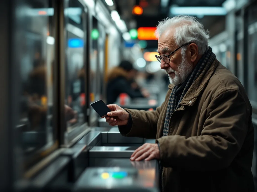 elderly person using subway gate transit card
