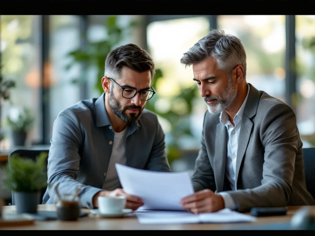 employment counselor reviewing resume with middle aged applicant in bright consultation room, respectful distance, no readable text