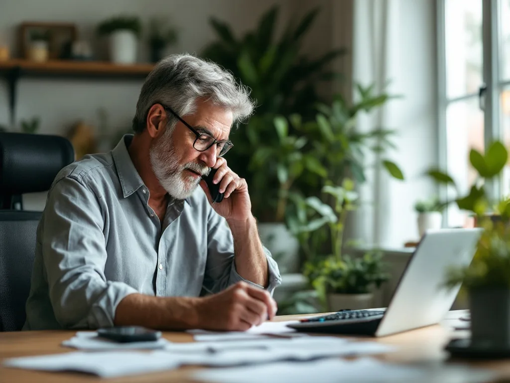 family calling pension office with calculator