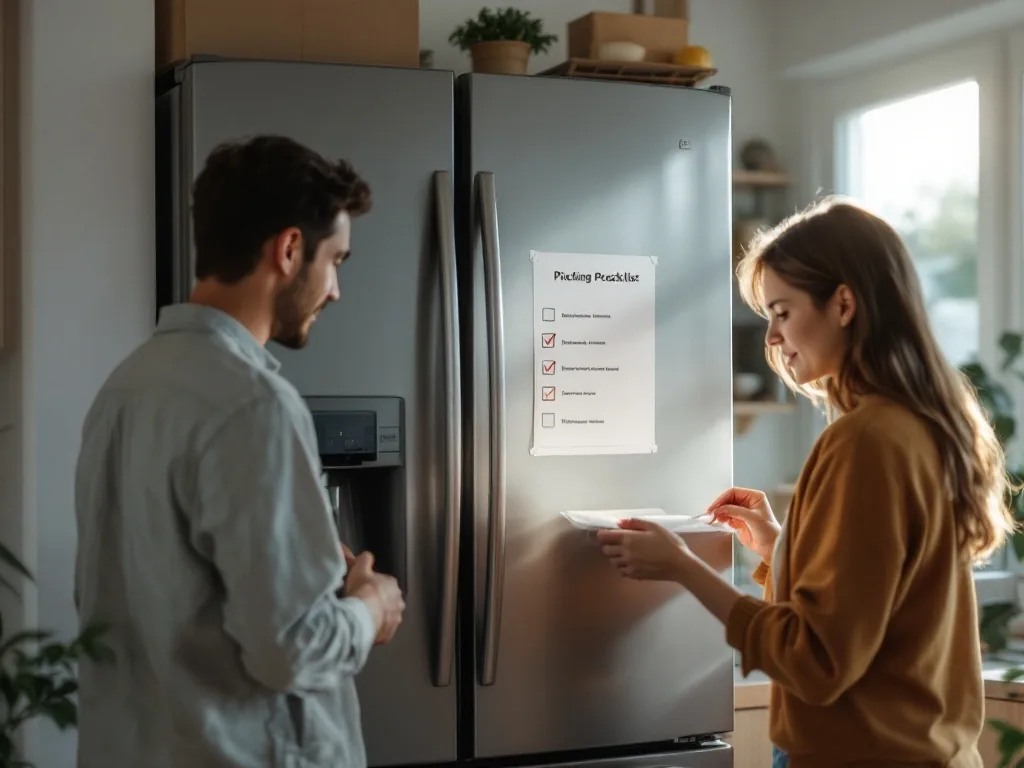family preparing old refrigerator pickup label and checklist