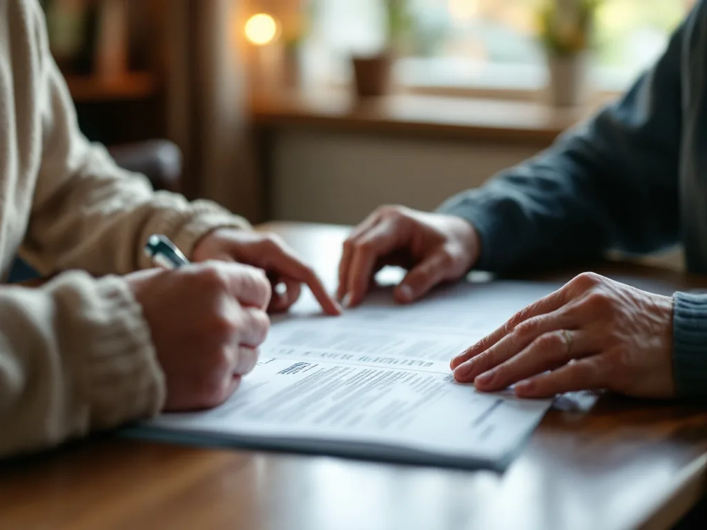hands of an adult child helping an elderly parent organize hospital documents at a home table, warm indoor light, close-up on papers and hands, caring mood, no face