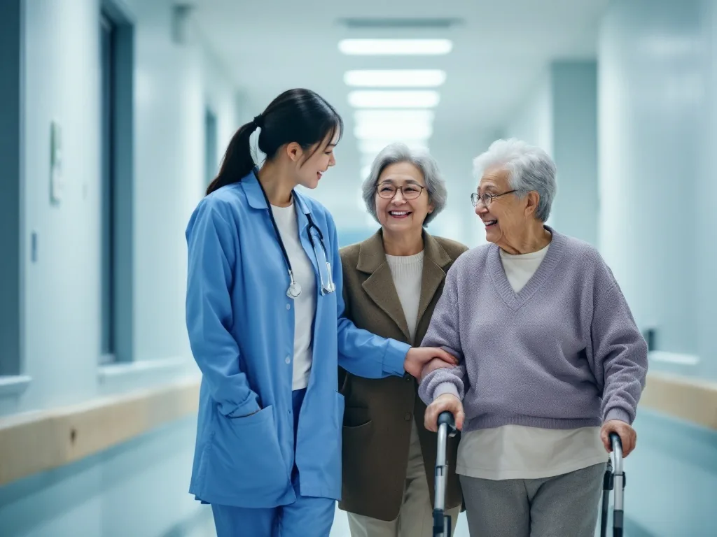 hospital escort support for Korean family caregiver and older parent, bright clinic hallway realistic photo