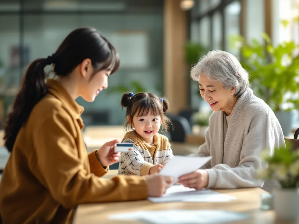Korean adult child and senior parent visiting community welfare desk with ID card and application papers, bright public office, realistic photo