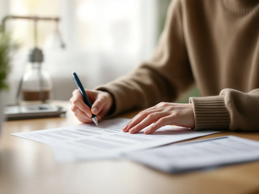 Korean adult child preparing welfare documents, disability certificate copy, senior ID card and hospital note on table, realistic photo