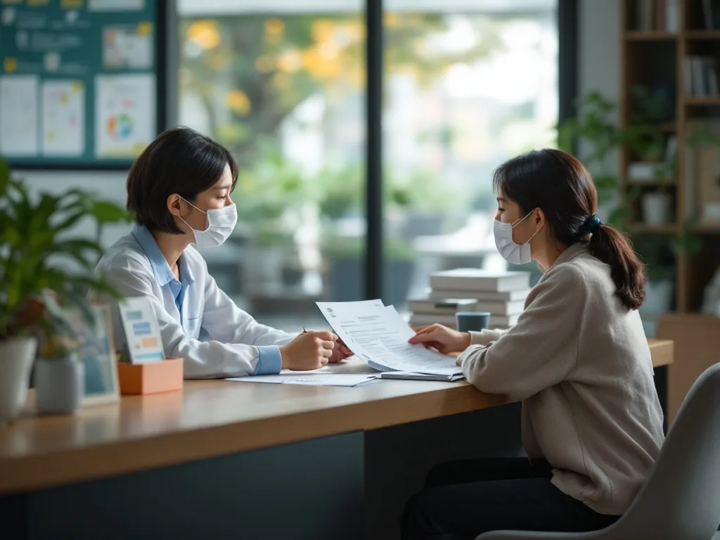 Korean community welfare center consultation desk with family care documents, calm realistic editorial photography