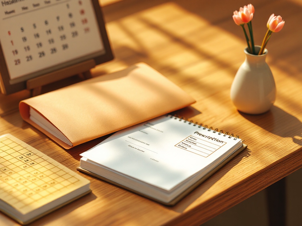Korean dementia care clinic desk with prescription envelope, health notebook, and calendar, warm daylight, no patient face close-up