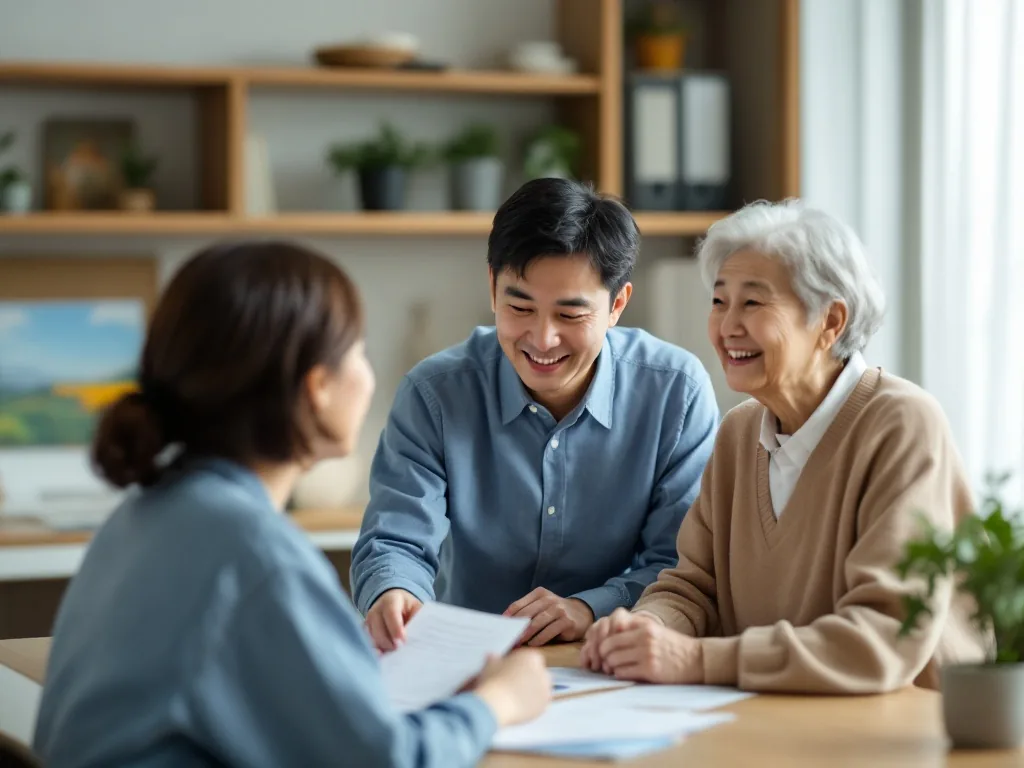 Korean family caregiver and senior disabled parent consulting at local welfare office desk, warm realistic editorial photo