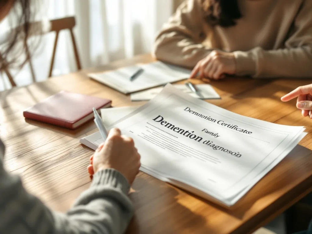 Korean family member organizing dementia diagnosis certificate, family relation documents and bankbook on a calm wooden table, warm daylight, no logos