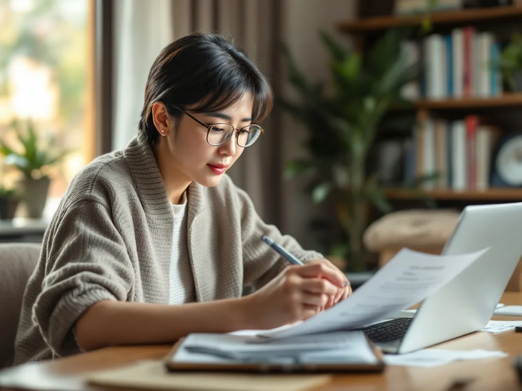 Korean middle aged person checking government employment service application on laptop with resume and glasses, warm home office, no logos, no readable text