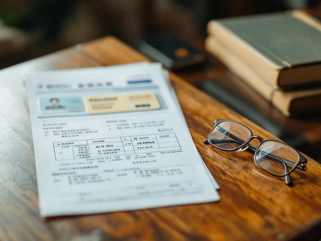 Korean pension documents, identity card, bankbook and reading glasses arranged on a warm home table, no logos, realistic documentary photo