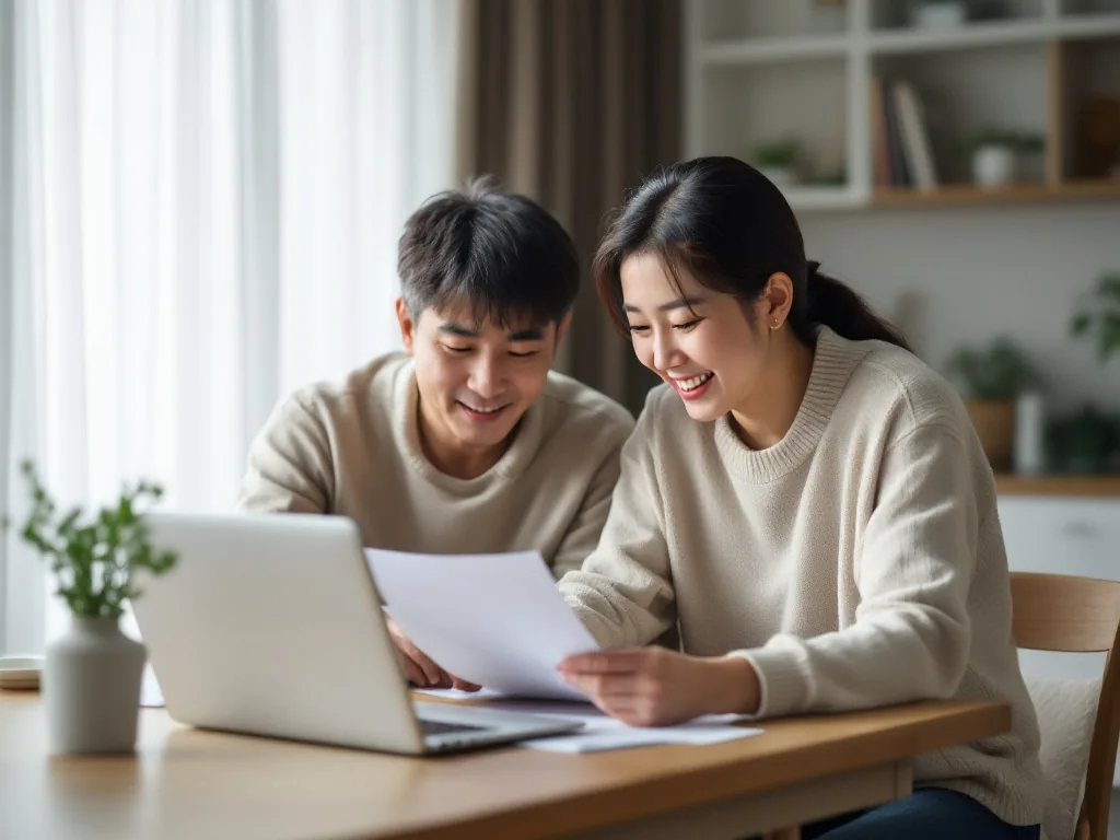 Korean senior couple and adult child checking apartment documents and pension estimate on laptop, bright home dining table, realistic photo