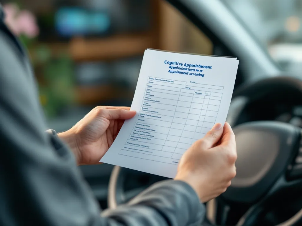 Korean senior driver's hands holding appointment memo for cognitive screening and license renewal, clinic reception background, realistic photo, no personal data