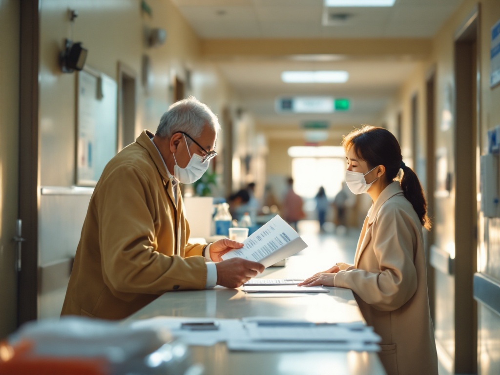 korean senior hospital admission desk, family member holding documents, public hospital corridor, warm natural light, documentary photography