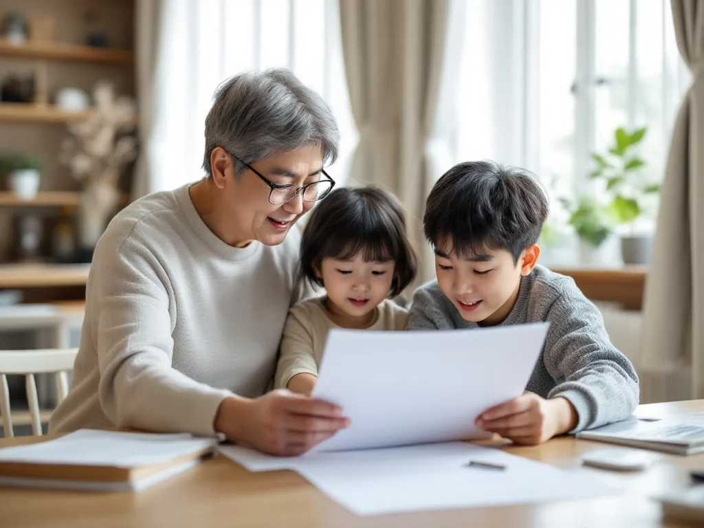 Korean senior parent and adult child checking government certificate on laptop with paper documents, warm home desk, realistic editorial photo