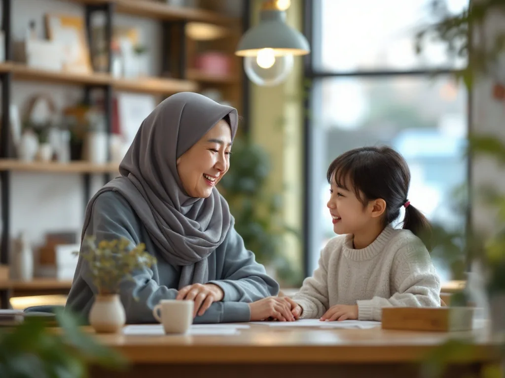 Korean senior parent and adult child visiting local community service center consultation desk, warm realistic photo