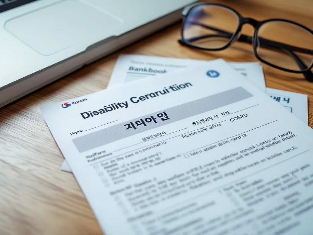 Korean welfare application documents, disability registration card, bankbook and reading glasses on a calm wooden desk, no logos, realistic photo
