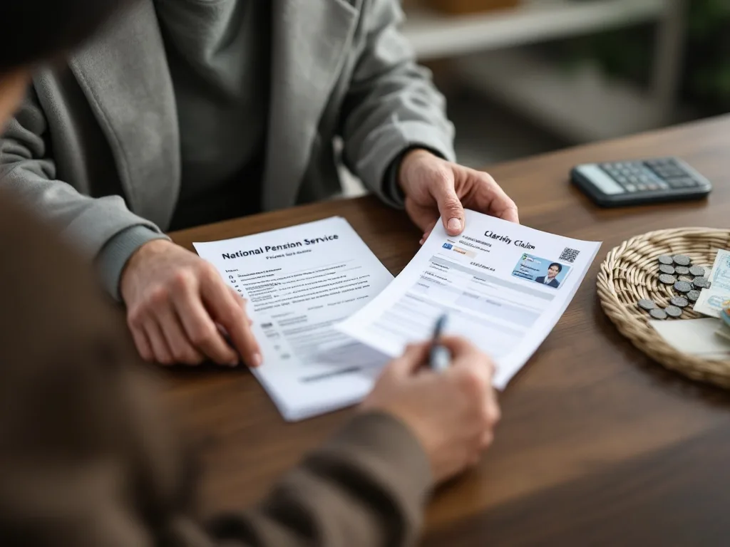 National Pension Service branch consultation desk with elderly parent's claim papers, ID card copy and bank account note, respectful Korean public office mood, realistic photo