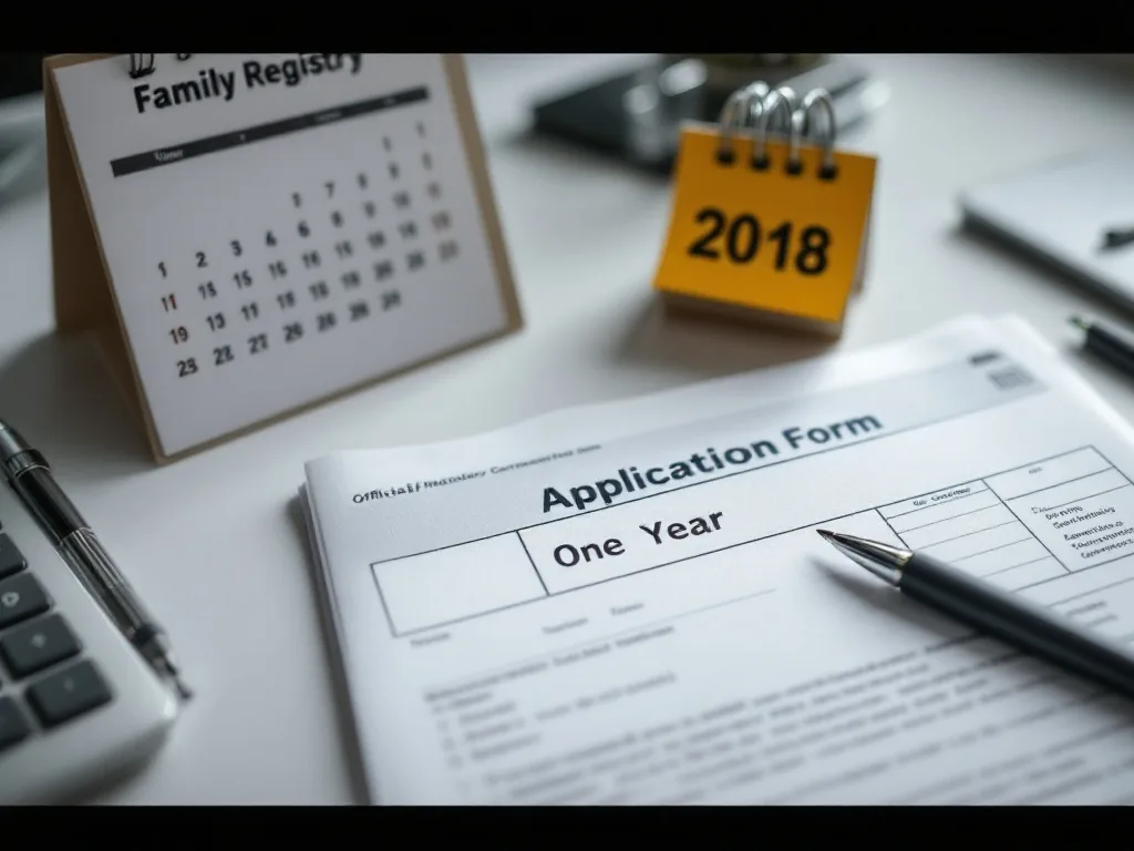 official application form, calendar marked one year, pen and family registry document on a neutral desk, no personal data, no faces