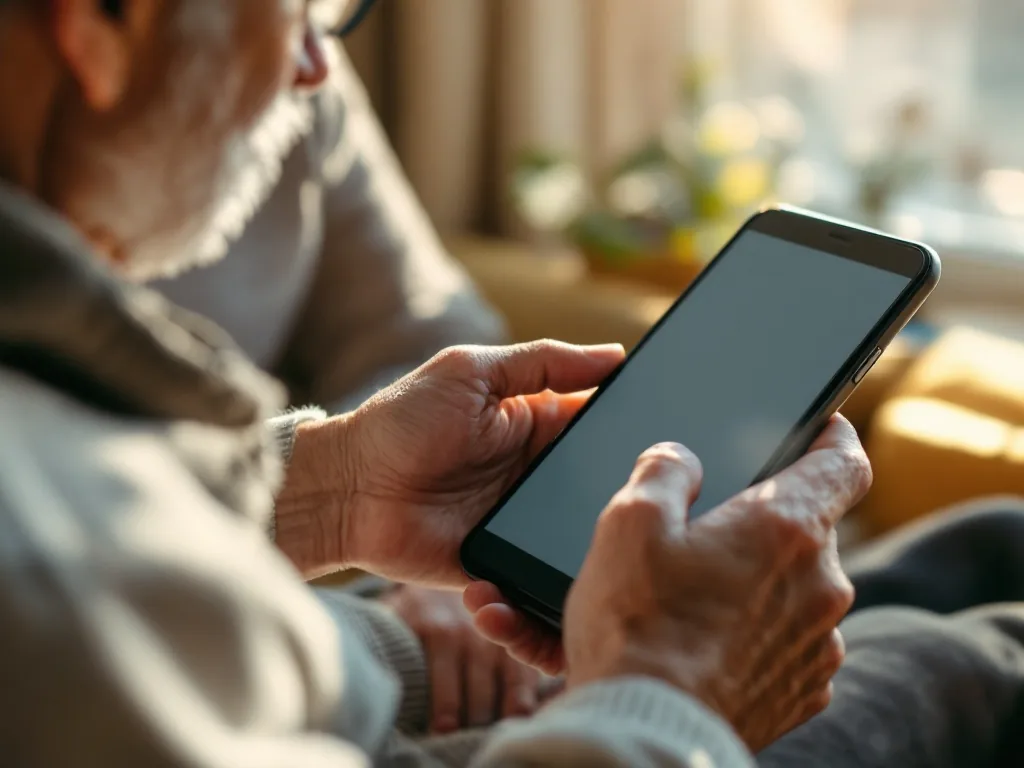 older adult and adult child hands comfortably using a large simple smartphone interface together at home, warm afternoon window light, over-the-shoulder editorial photography, no face, no logo, no readable text