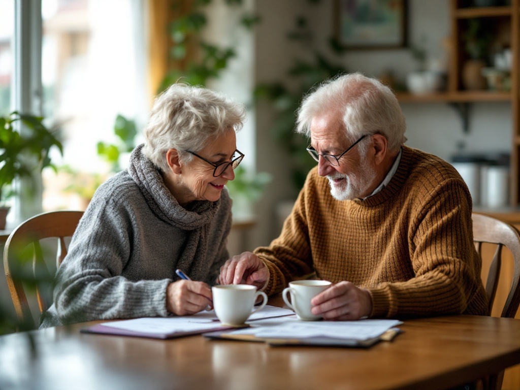 older adult and adult child sitting at a table with healthcare documents and tea cups, no visible faces, warm respectful editorial photography
