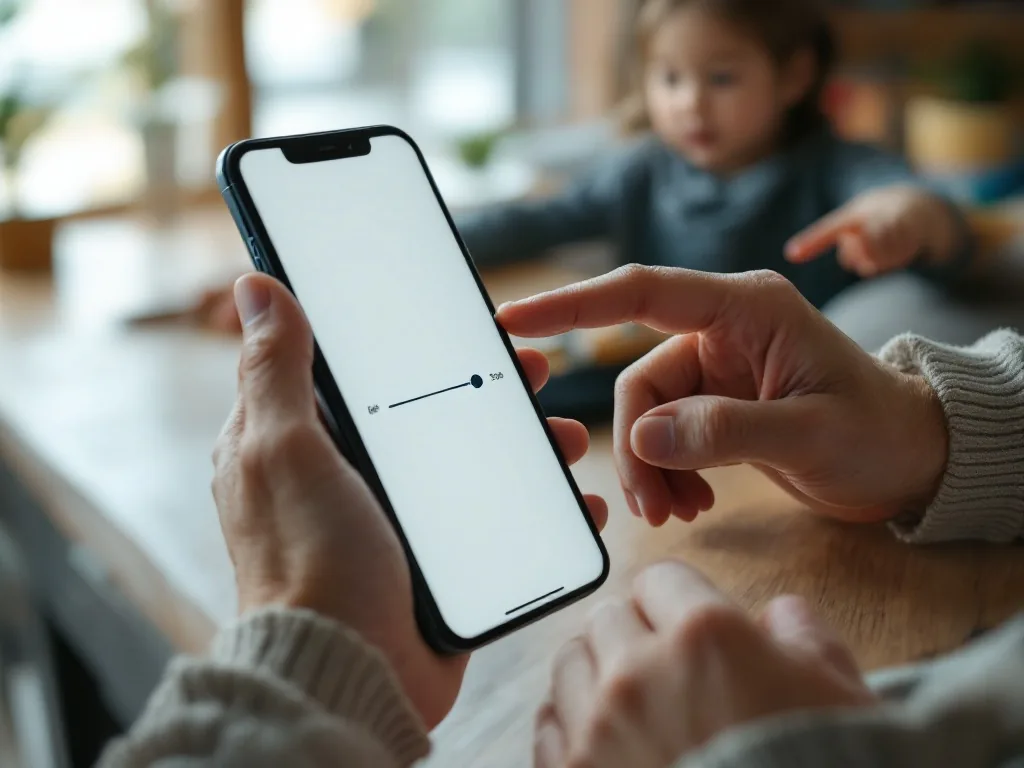 older adult hands adjusting a large text size slider on a generic unbranded smartphone, adult child pointing beside the screen, bright Korean home, soft window light, over-the-shoulder editorial photography, no face, no logo, no readable text