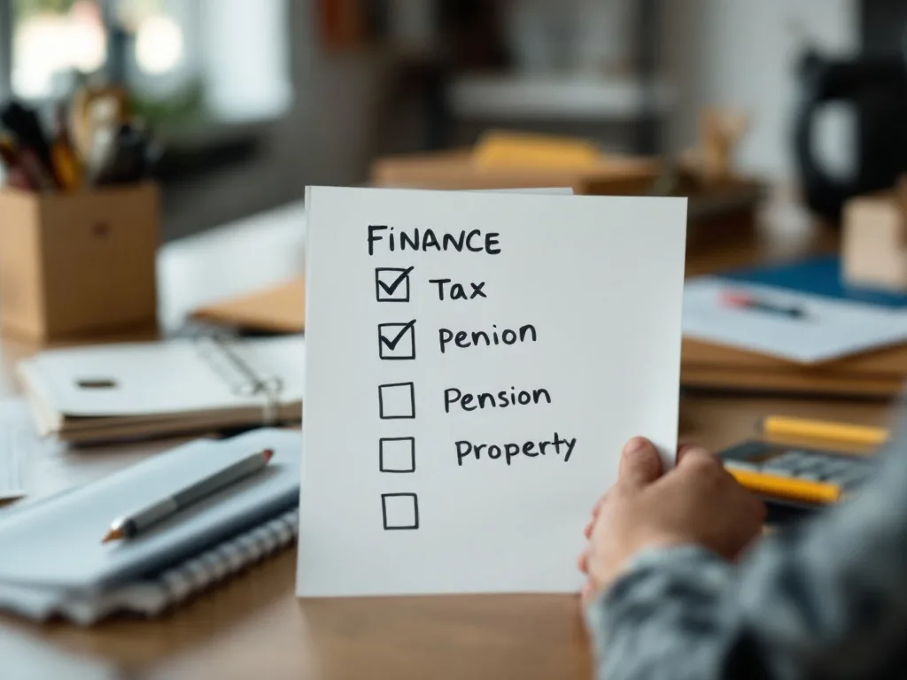 organized checklist with folders labeled finance tax pension property, neutral desk, respectful editorial still life