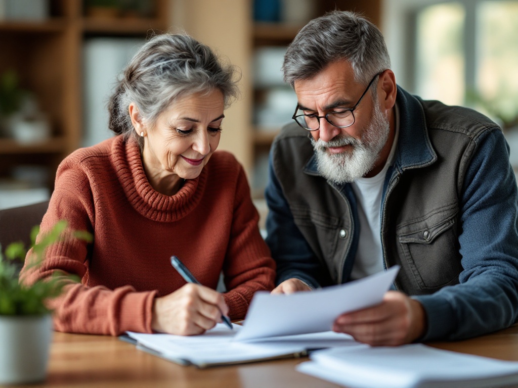 pension recipient checking official documents with family member