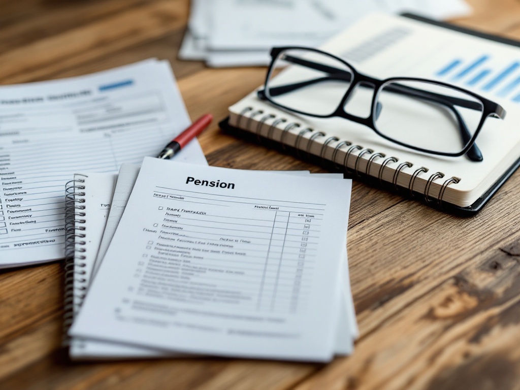 pension statement, bank passbook, notebook checklist and reading glasses arranged on a wooden table, calm senior finance mood