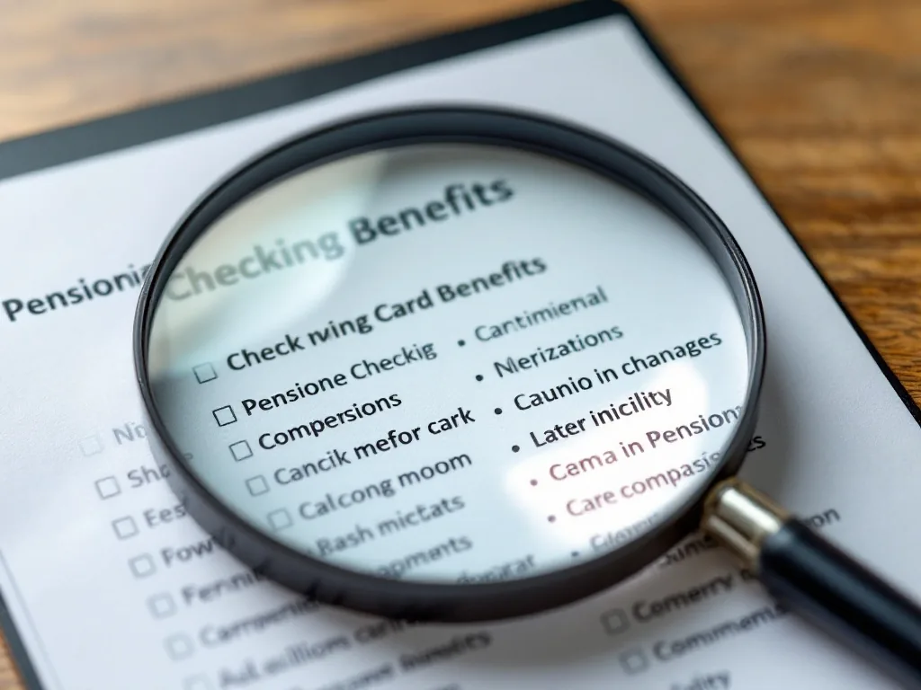 pensioner checking card benefits list with magnifying glass