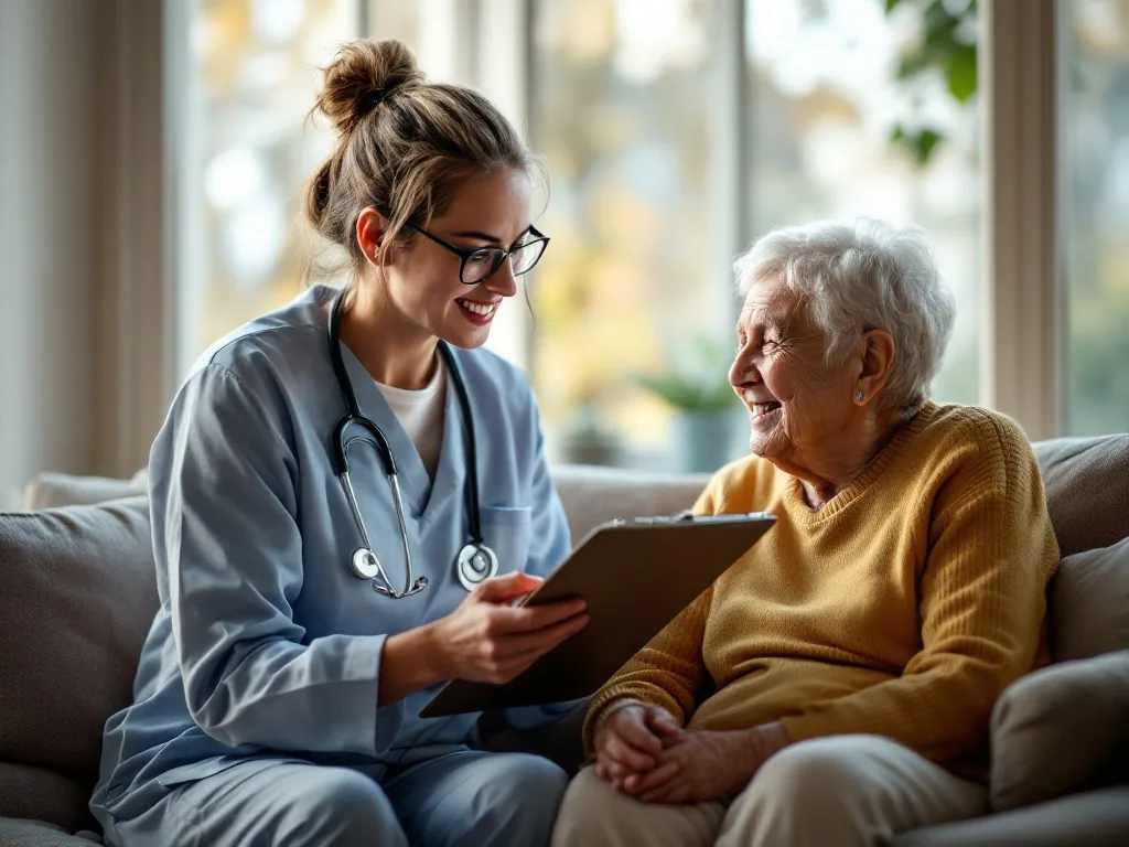public health worker visiting senior home and checking care needs with clipboard, warm realistic editorial photo