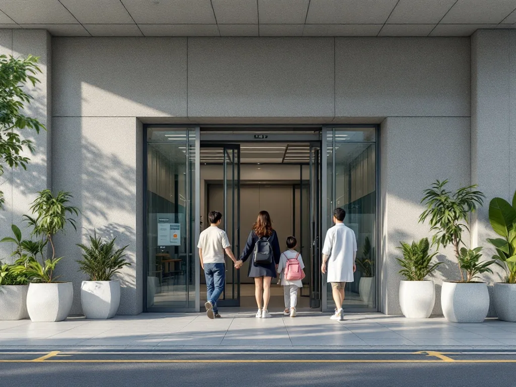 regional Korean general hospital exterior entrance family waiting no faces