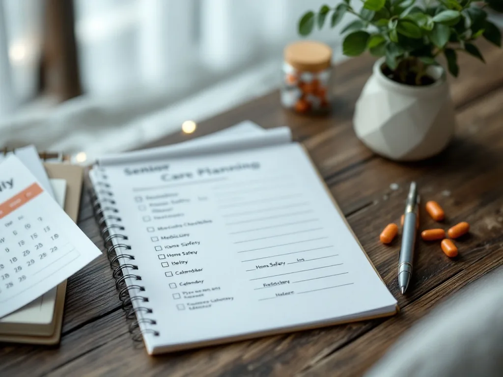 senior care planning notebook with medication list, home safety checklist, and calendar on wooden table, realistic Korean editorial photo