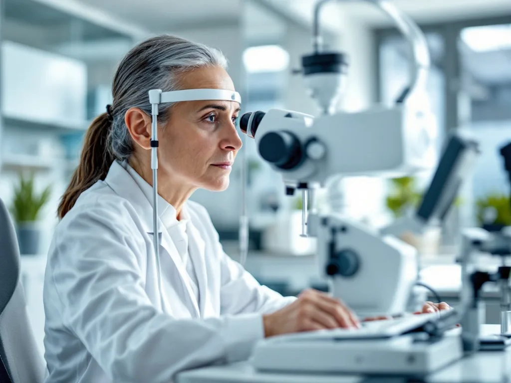 senior eye examination equipment in bright ophthalmology clinic