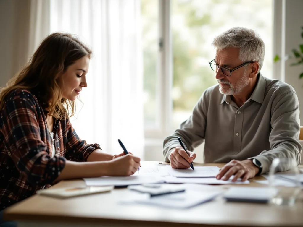 senior family preparing resume notes with career history and preferred work hours at dining table, calm daylight, no text