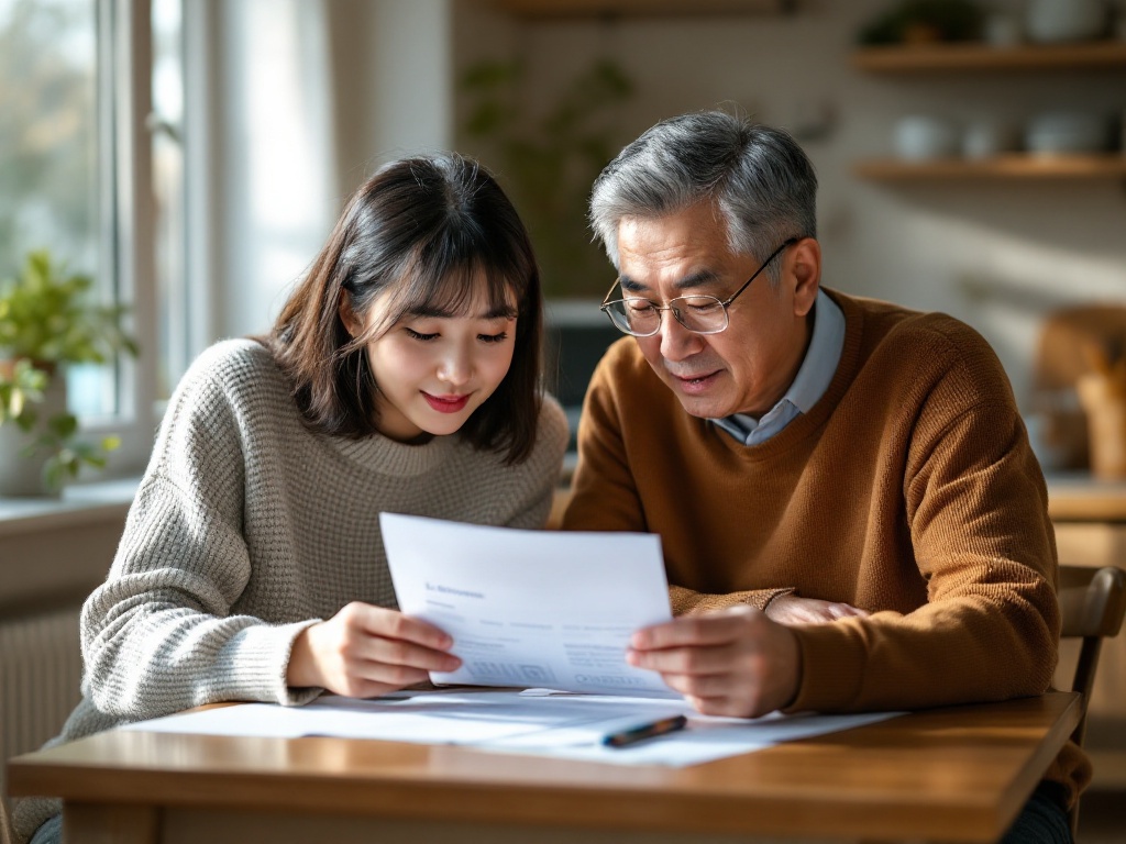 senior Korean parent and adult child checking driver license renewal notice at kitchen table, realistic editorial photo, warm daylight