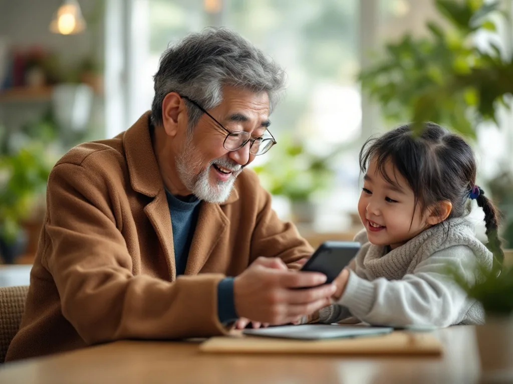 senior Korean parent practicing smartphone authentication with adult child at a bright community center desk, realistic editorial photo, no private data